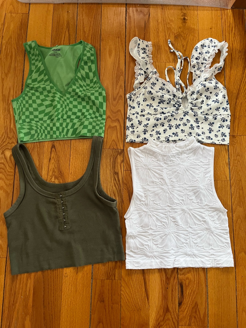 Garage Green Checkerboard V-Neck Cropped Tank